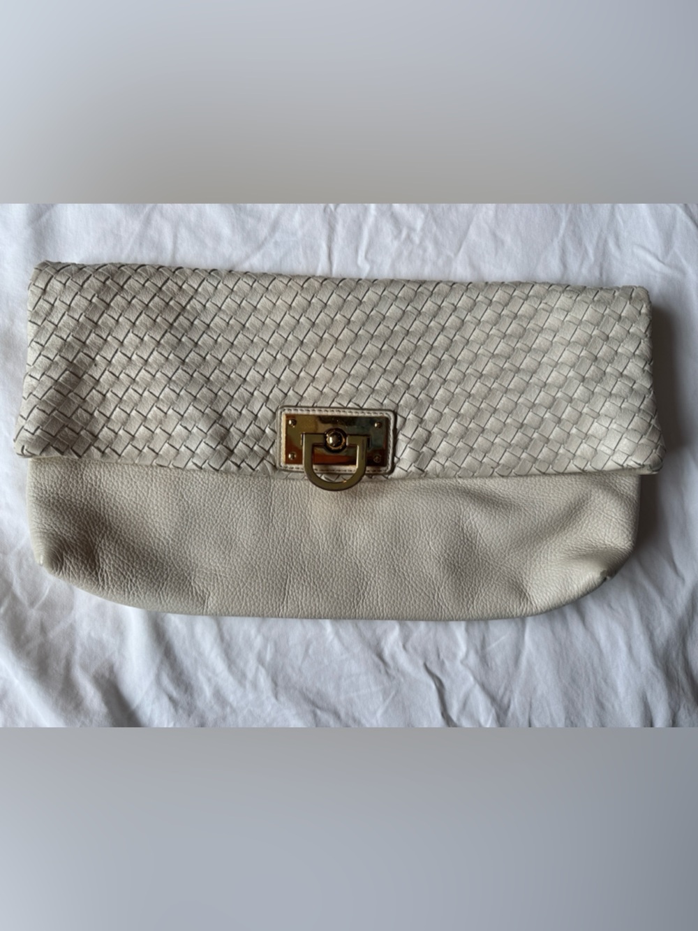 Banana Republic Ivory Cream Woven Leather Clutch with Gold Hardware and chain